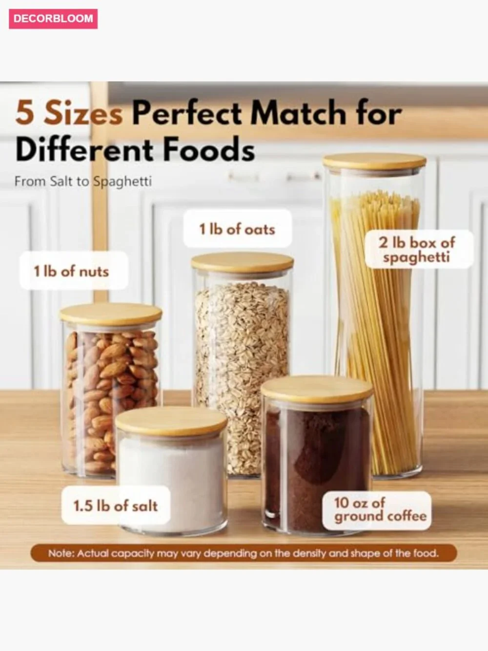 5-Pack Glass Jars with Bamboo Lids, Airtight Kitchen Canisters
